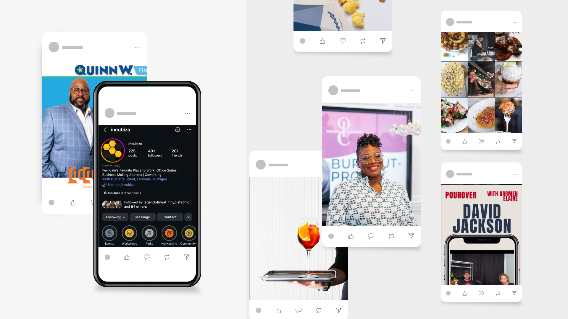 Collage of social media posts and a person holding a tray with a drink, with some posts showing people, food, and promotional content.