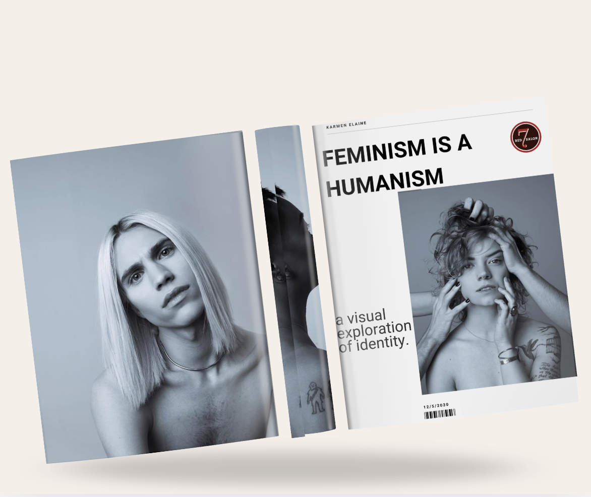 Open magazine with black-and-white photos of women and bold text reading "Feminism is a Humanism."