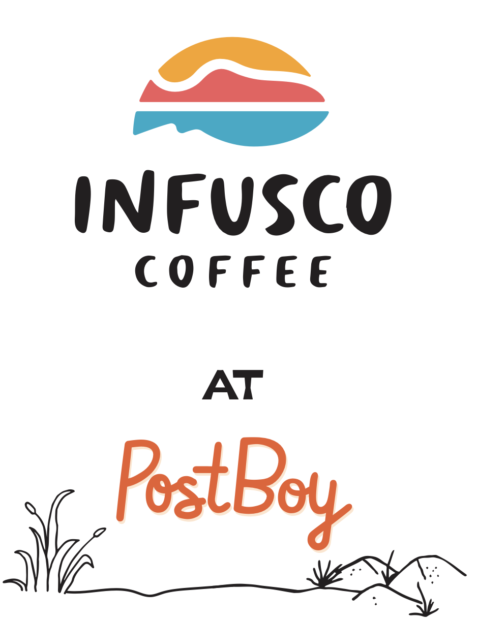 Graphic with stylized burger logo above the text 'INFUSCO COFFEE' and 'AT PostBoy' with desert landscape illustrations at the bottom.