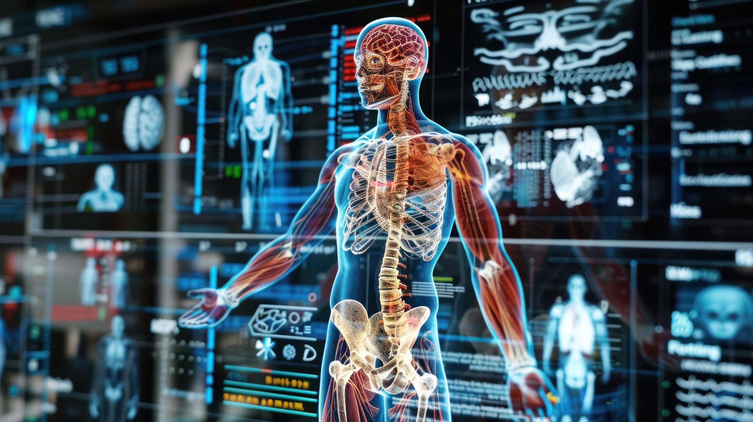 Digital medical illustration of human anatomy showing muscles, bones, and internal organs in front of a high-tech medical or research lab background with multiple screens.