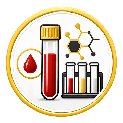 A graphic illustration of laboratory items including a dropper with red liquid, a test tube with red liquid, a molecular structure, and a bar graph with red and yellow levels, set against a white background with a gold border.
