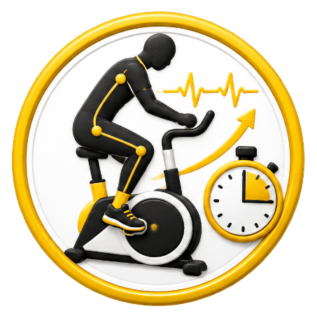 Silhouette of a person exercising on a stationary bike, with a clock, a heartbeat line, and an upward arrow in the background.