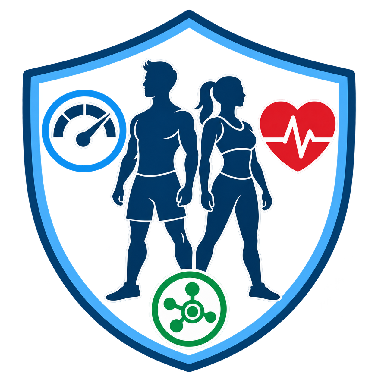 A digital illustration of a shield with human figures, a speedometer, a heart with an ECG line, and an interconnected circles symbol, representing health, fitness, and wellness.