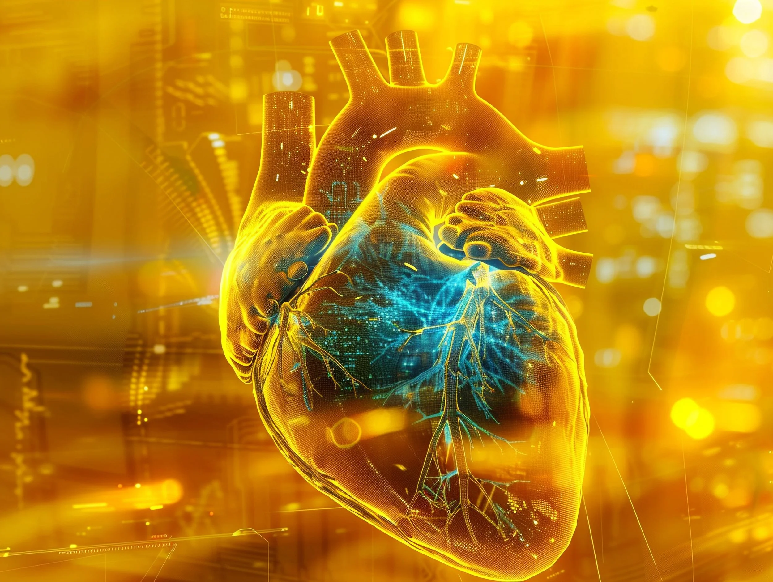 Digital rendering of a human heart with glowing yellow and blue details, set against a background of digital data and futuristic graphics.