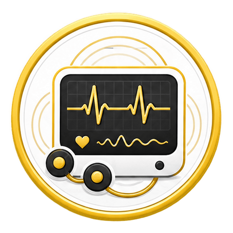 A heart rate monitor with a stethoscope on a yellow background.