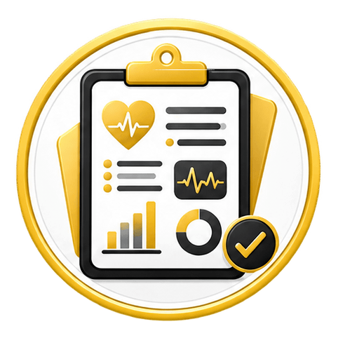 Medical report and health data on a clipboard with a checkmark in a gold badge.
