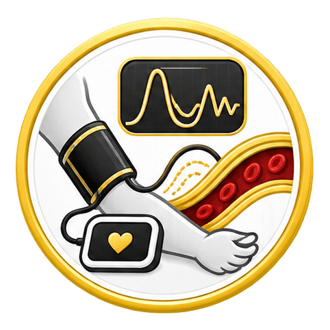 Medical illustration showing a blood pressure cuff on an arm, with a monitor displaying a heartbeat waveform, and a depiction of blood vessels.