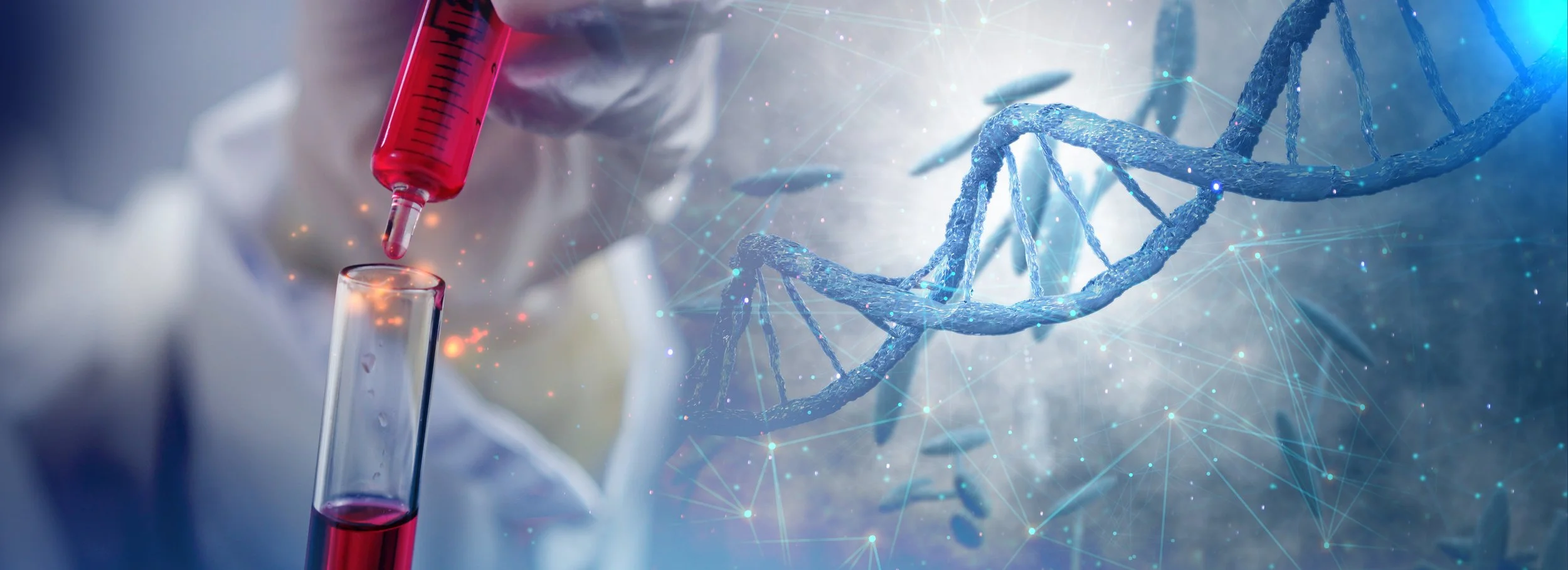 A scientist using a pipette to transfer a red liquid into a test tube, with a digital illustration of a DNA double helix and interconnected network lines in the background.