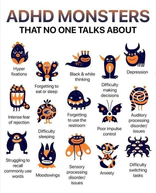 🧠✨ ADHD Monsters No One Talks About... ✨🧠

We all hear about distractibility and impulsivity when it comes to ADHD&mdash;but what about the invisible monsters that sneak up on everyday functioning?

Like...
🚽 Forgetting to use the bathroom.
🍽 Rea