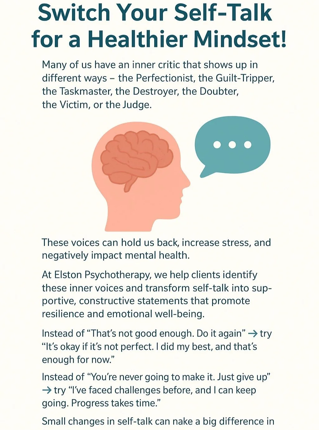 🧠 Switch Your Self-Talk for a Healthier Mindset!

Many of us have an inner critic that shows up in different ways &ndash; the Perfectionist, the Guilt-Tripper, the Taskmaster, the Destroyer, the Doubter, the Victim, or the Judge. These voices can ho