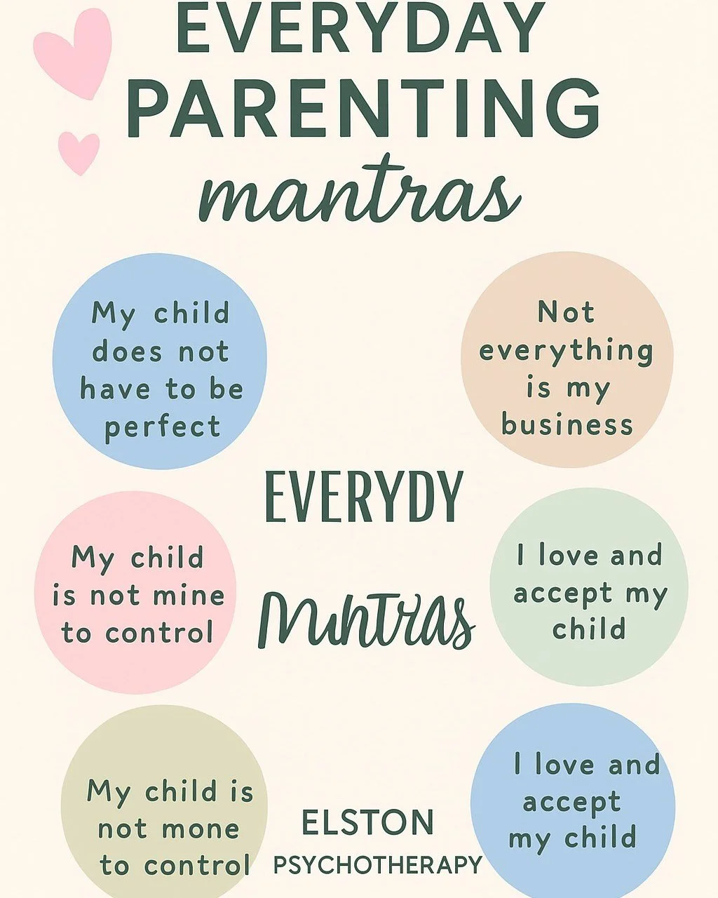 c🌿 Parenting is a journey, not a checklist. 🌿

At Elston Psychotherapy, we know how easy it is for parents to feel pressure to &ldquo;get it right&rdquo; all the time. These gentle reminders can help take some of that weight off:

💙 My child does 