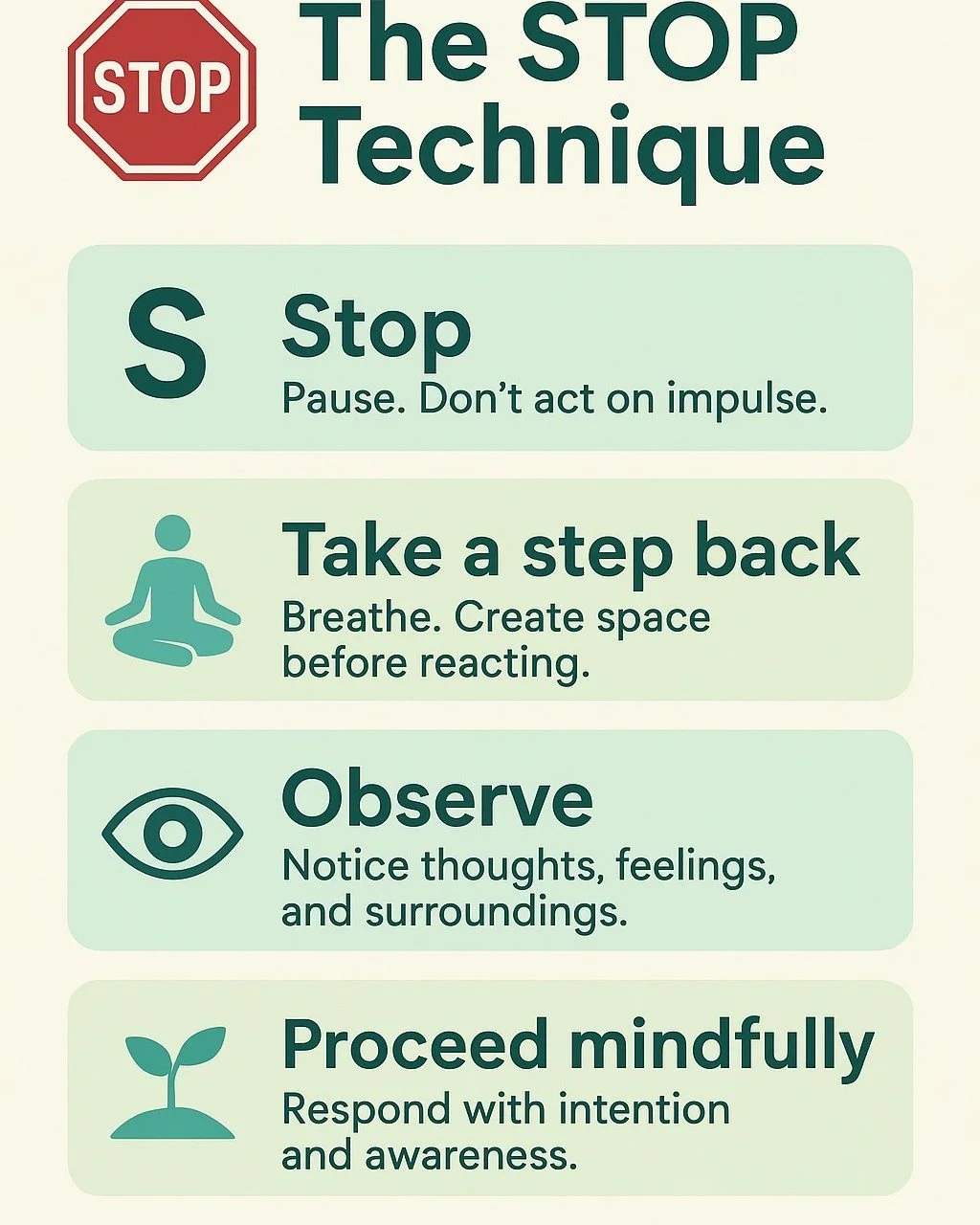 🛑 The STOP Technique &ndash; A Simple Skill for Stressful Moments 🛑

Ever feel like emotions are taking over and you&rsquo;re about to react in a way you&rsquo;ll regret? The STOP skill, from Dialectical Behavior Therapy (DBT), is a powerful tool t