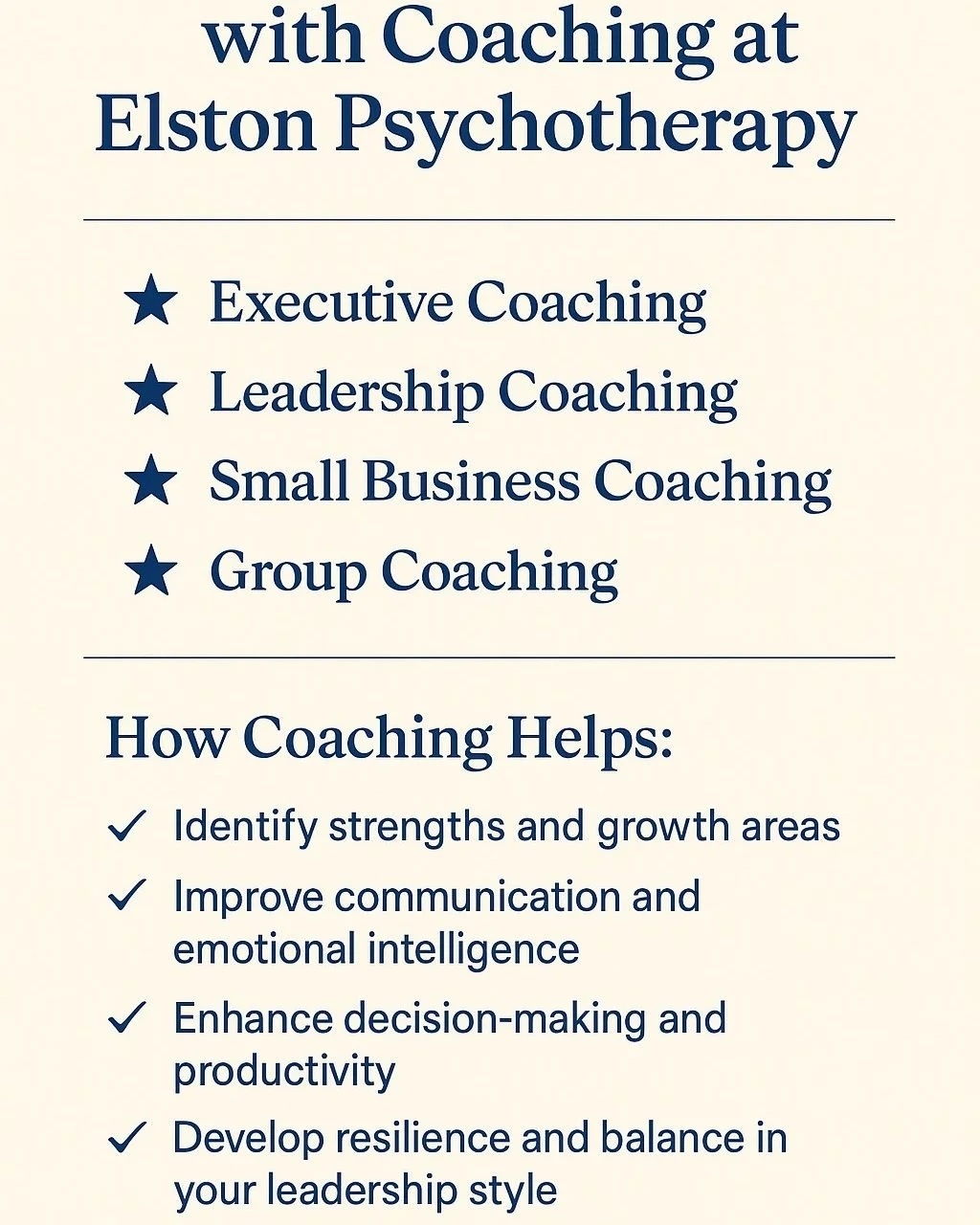 💼 Unlock Your Potential with Coaching at Elston Psychotherapy 💼

At Elston Psychotherapy, we don&rsquo;t just focus on emotional wellness &mdash; we also help you grow professionally and personally through evidence-based coaching.

✨ Now Offering:
