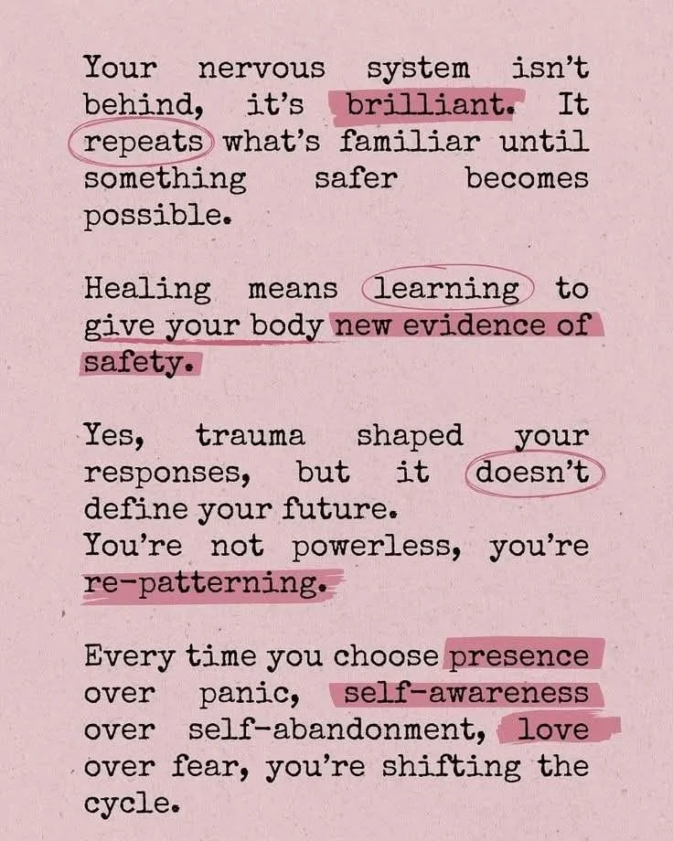 🌿 Healing isn&rsquo;t about &ldquo;fixing&rdquo; what&rsquo;s broken &mdash; it&rsquo;s about teaching your nervous system new evidence of safety.

Trauma may shape your responses, but it doesn&rsquo;t define your future. Each time you choose presen
