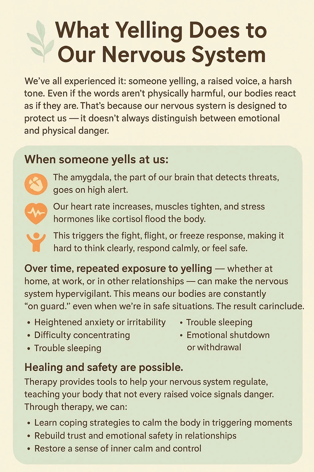 🌿 What Yelling Does to Our Nervous System

We&rsquo;ve all experienced it: someone yelling, a raised voice, a harsh tone. Even if the words aren&rsquo;t physically harmful, our bodies react as if they are. That&rsquo;s because our nervous system is 