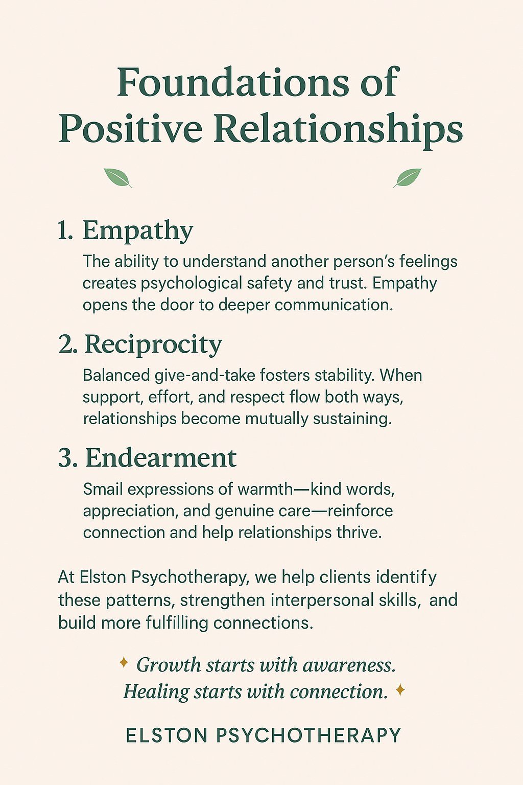 🌱 Foundations of Positive Relationships 🌱

Healthy relationships don&rsquo;t just happen&mdash;they&rsquo;re built. Three core elements strengthen connection and emotional well-being:

1. Empathy
The ability to understand another person&rsquo;s fee