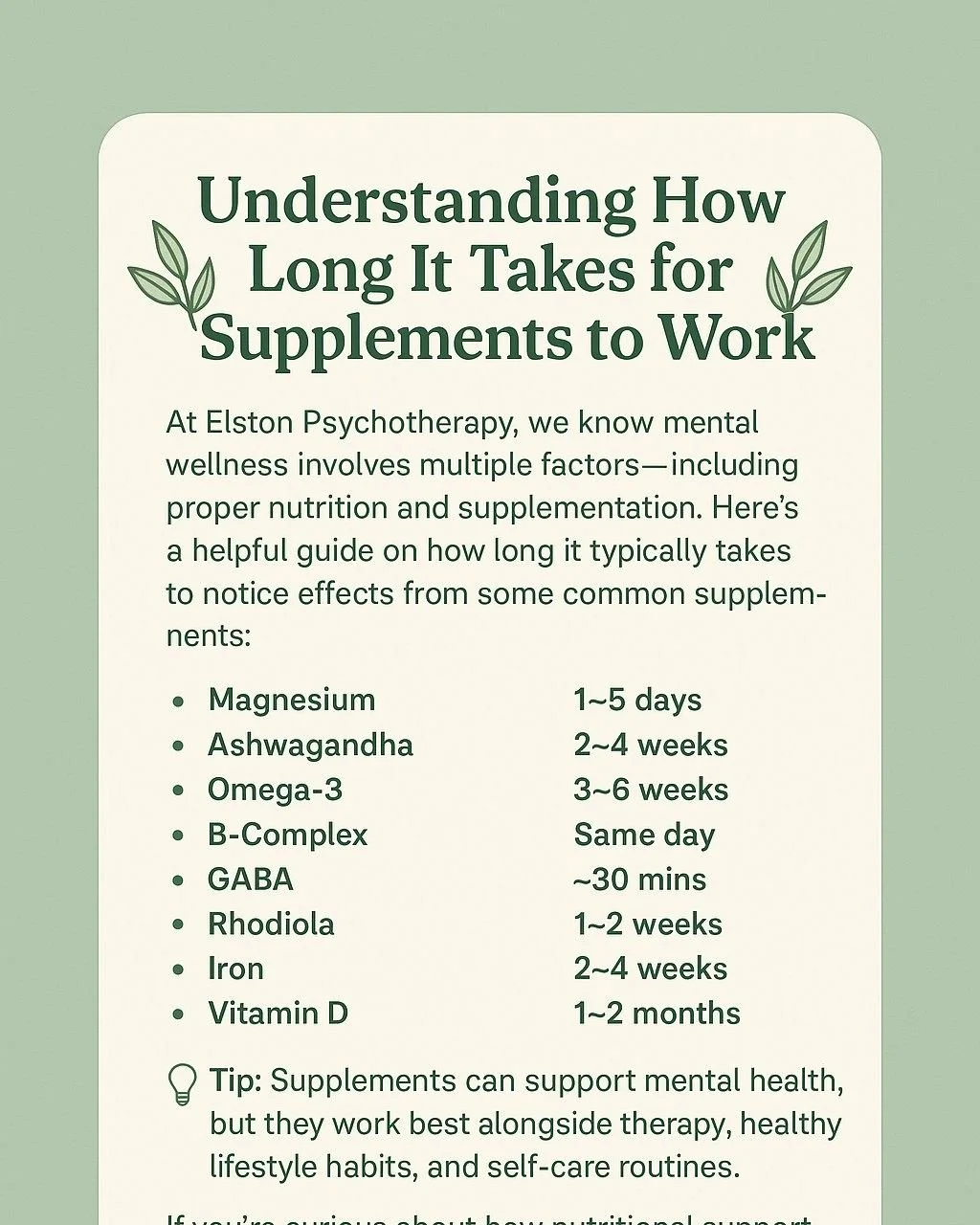 🌿 Understanding How Long It Takes for Supplements to Work 🌿 

At Elston Psychotherapy, we know mental wellness involves multiple factors&mdash;including proper nutrition and supplementation. 

Here&rsquo;s a helpful guide on how long it typically t