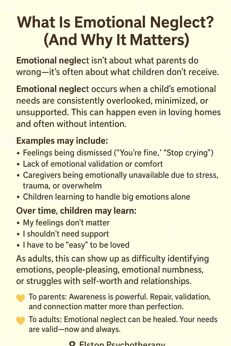 💬 What Is Emotional Neglect? (And Why It Matters)

Emotional neglect isn&rsquo;t about what parents do wrong&mdash;it&rsquo;s often about what children don&rsquo;t receive.

Emotional neglect occurs when a child&rsquo;s emotional needs are consisten