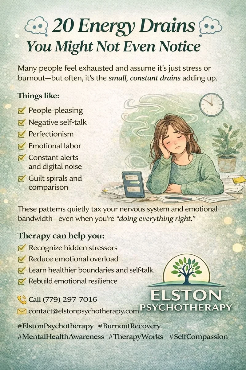 💭 Energy Drains You Might Not Even Notice 💭

Many people feel exhausted and assume it&rsquo;s just stress or burnout&mdash;but often, it&rsquo;s the small, constant drains adding up.

Things like:
&bull; People-pleasing
&bull; Negative self-talk
&b