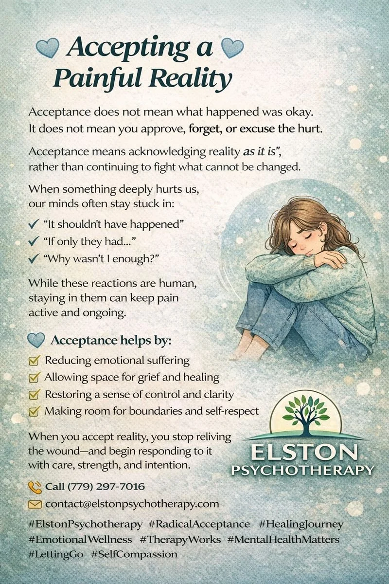 💙 Accepting a Painful Reality 💙

Acceptance does not mean what happened was okay.
It does not mean you approve, forget, or excuse the hurt.

Acceptance means acknowledging reality as it is, rather than continuing to fight what cannot be changed.

W