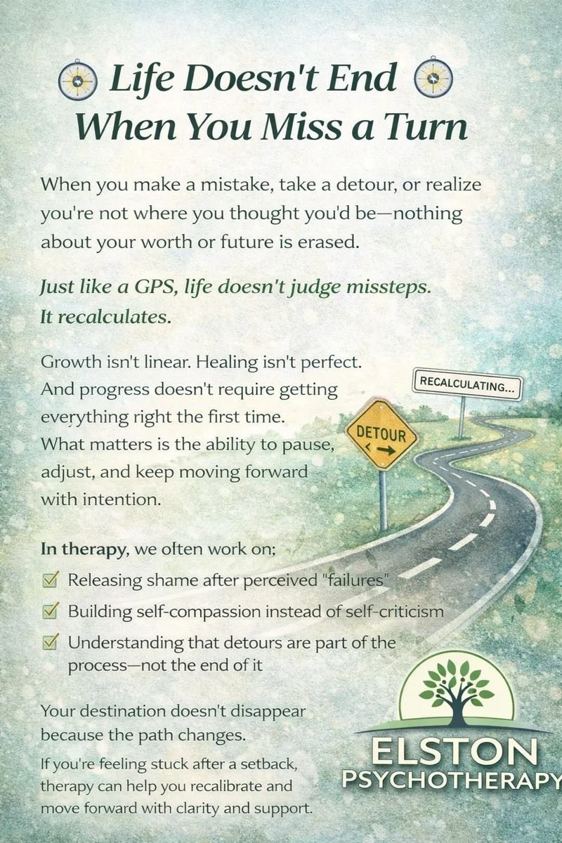 🧭 Life Doesn&rsquo;t End When You Miss a Turn 🧭

When you make a mistake, take a detour, or realize you&rsquo;re not where you thought you&rsquo;d be&mdash;nothing about your worth or future is erased.

Just like a GPS, life doesn&rsquo;t judge mis