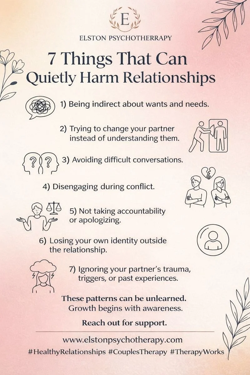 💬 7 Things That Can Quietly Harm Relationships

Relationships don&rsquo;t usually fall apart overnight. More often, they&rsquo;re impacted by patterns that slowly create distance over time.

Some common ones include:
&bull; Being indirect about want