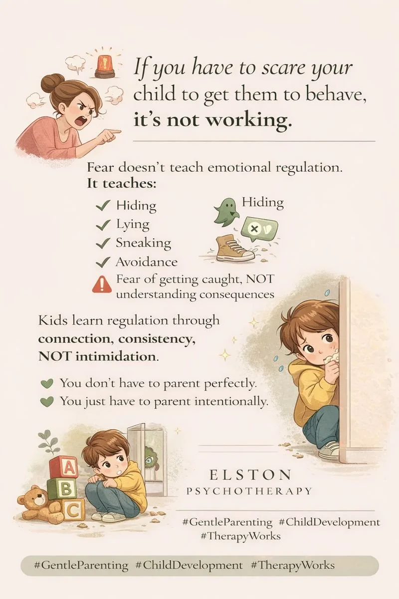 🚨 If you have to scare your child to get them to behave, it isn&rsquo;t working.

Fear may stop behavior in the moment &mdash; but it doesn&rsquo;t teach emotional regulation.
It teaches:
&bull; Hiding
&bull; Lying
&bull; Sneaking
&bull; Avoidance
&