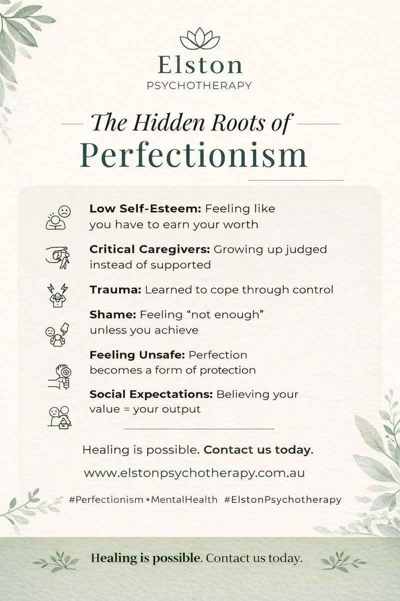 Perfectionism often isn&rsquo;t just about wanting things &ldquo;just right.&rdquo; It can stem from deeper experiences such as:

&bull; Low Self-Esteem: Feeling like you have to earn your worth
&bull; Critical Caregivers: Growing up judged rather th