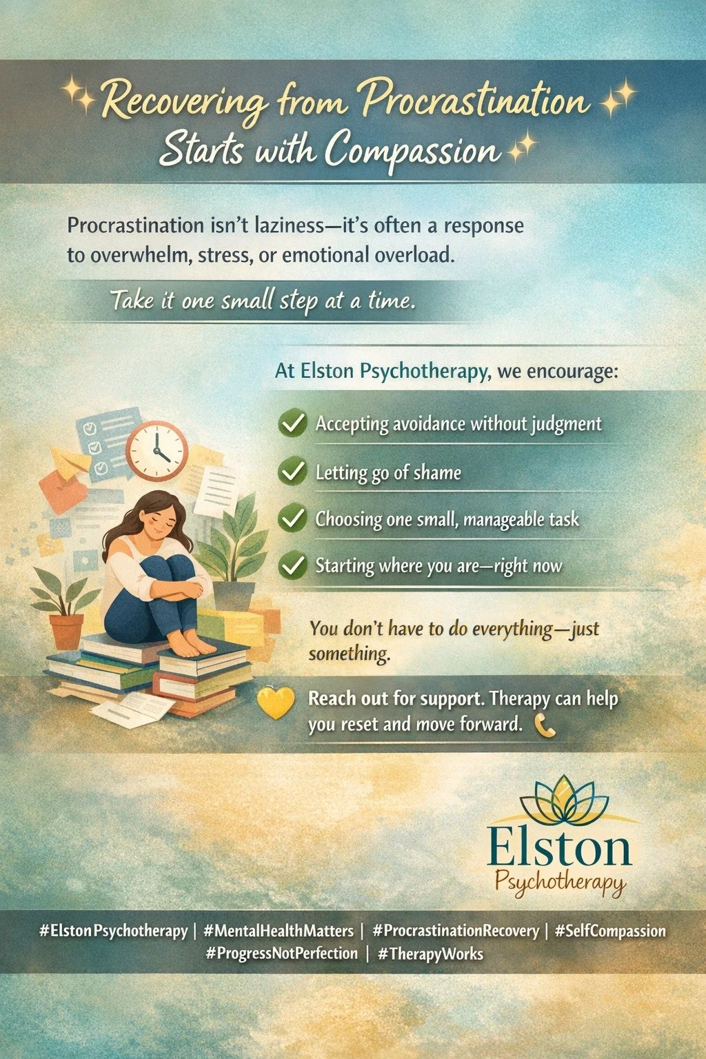 ✨ Recovering from Procrastination Starts with Compassion ✨

Procrastination isn&rsquo;t laziness&mdash;it&rsquo;s often a response to overwhelm, stress, or emotional overload. If you&rsquo;ve been avoiding responsibilities and feeling stuck, remember