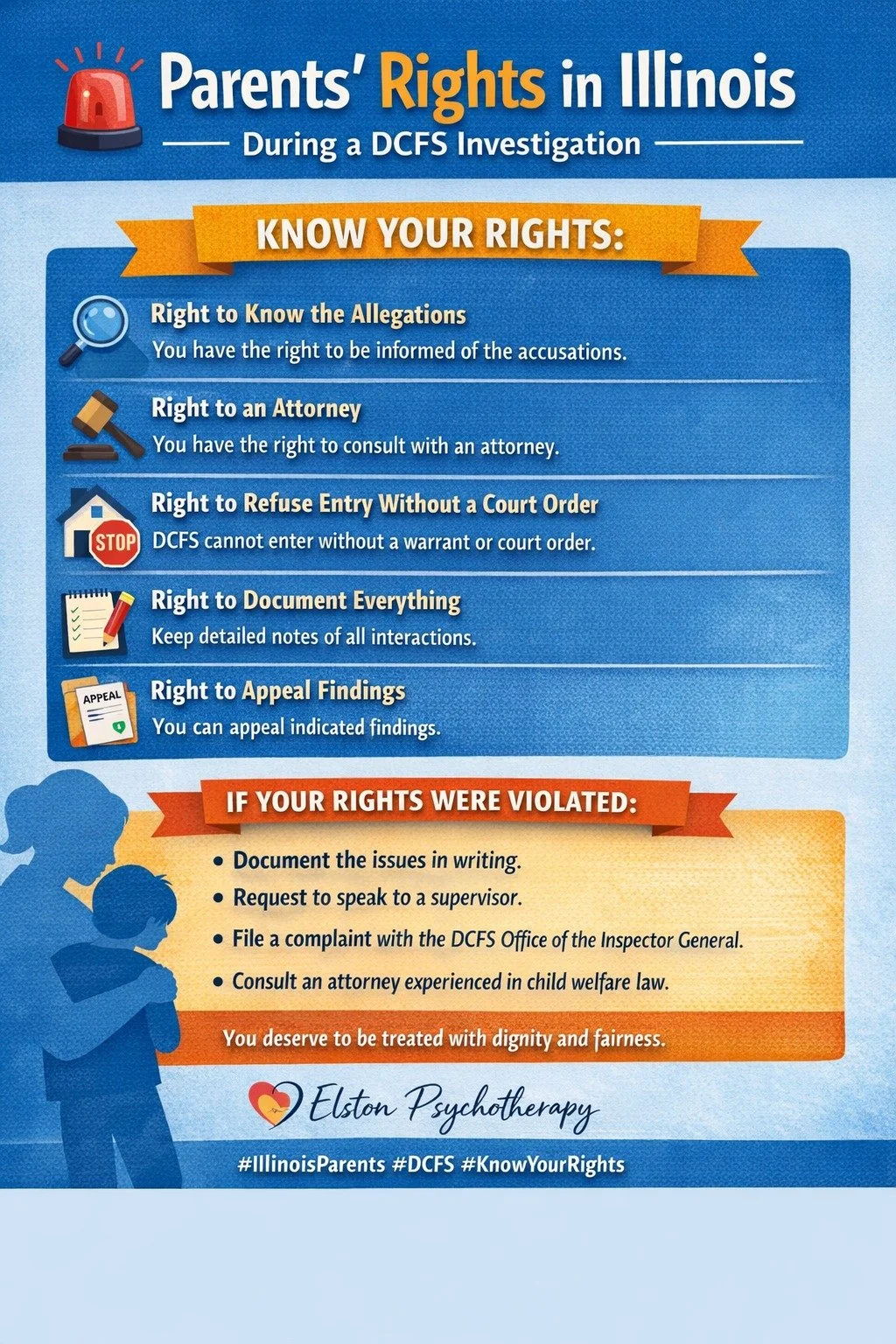🚨 Parents&rsquo; Rights in Illinois During a DCFS Investigation 🚨

If the Illinois Department of Children and Family Services (DCFS) is investigating your family, it can feel overwhelming and scary. Knowing your rights matters.

Here&rsquo;s what I