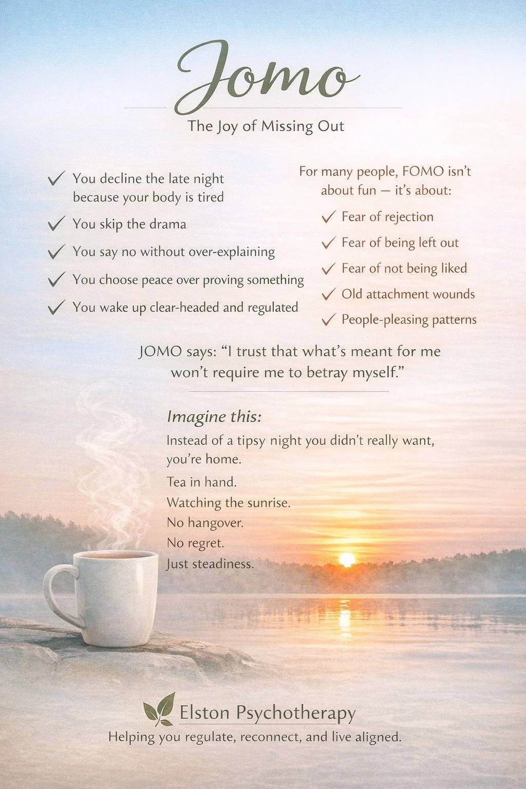 JOMO: The Joy of Missing Out

We talk a lot about FOMO &mdash; the fear of missing out.

But what if the real flex is JOMO?

The joy of missing out.

JOMO is what happens when:
&bull; You decline the late night because your body is tired
&bull; You s