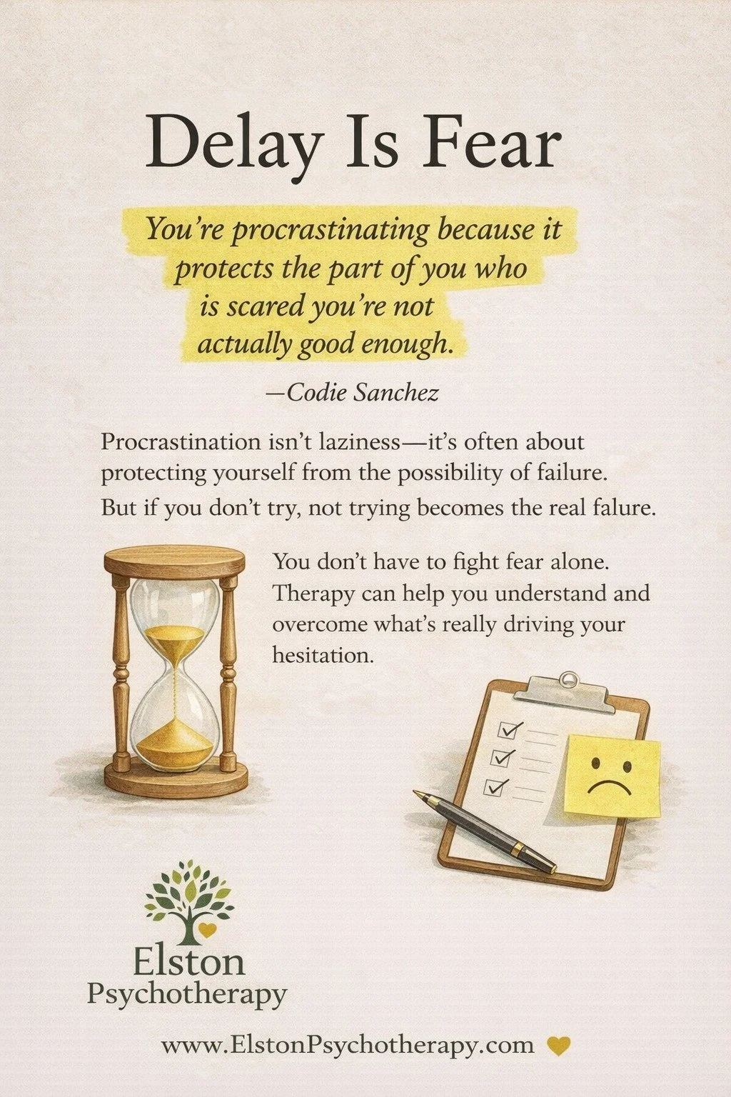 Delay Is Fear.

Procrastination isn&rsquo;t laziness.

It&rsquo;s often protection.

Sometimes when we delay starting something important, it&rsquo;s not because we don&rsquo;t care &mdash; it&rsquo;s because a part of us is afraid. Afraid of failing