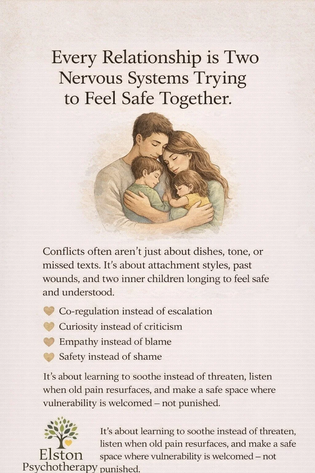 Every relationship is two nervous systems trying to feel safe together.

Conflict in relationships is rarely just about the dishes, the tone, or the missed text. Beneath the surface, it&rsquo;s often two histories, two attachment styles, and two inne
