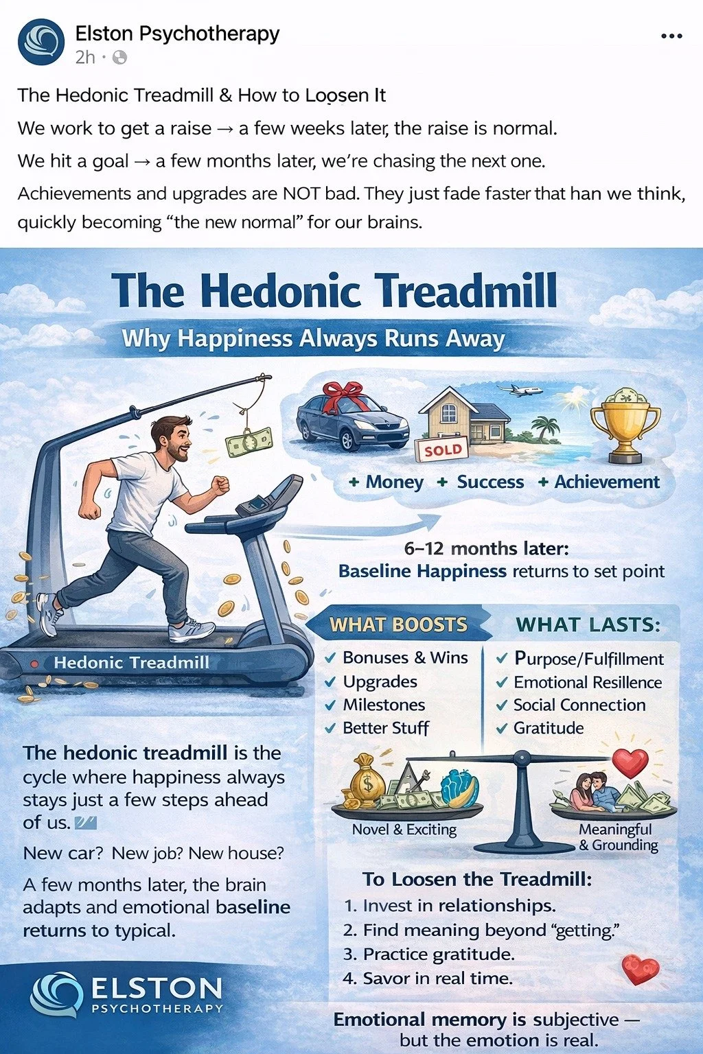 🌱 Breaking the Hedonic Treadmill: Finding Lasting Fulfillment 🌱

Do you ever feel like no matter what you achieve, buy, or experience, your happiness quickly returns to the same baseline? That&rsquo;s the hedonic treadmill at work&mdash;a psycholog