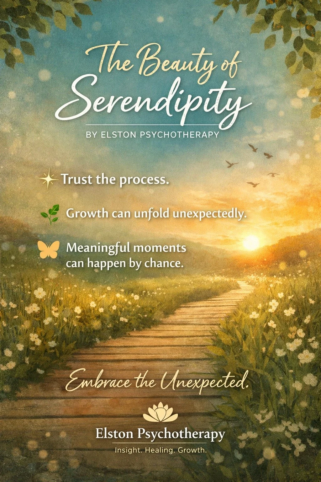 Here&rsquo;s a polished business Facebook post for **Elston Psychotherapy** on the beauty of serendipity:

---

✨ **The Beauty of Serendipity** ✨
*By Elston Psychotherapy*

Sometimes healing doesn&rsquo;t arrive in the way we planned.

It shows up in