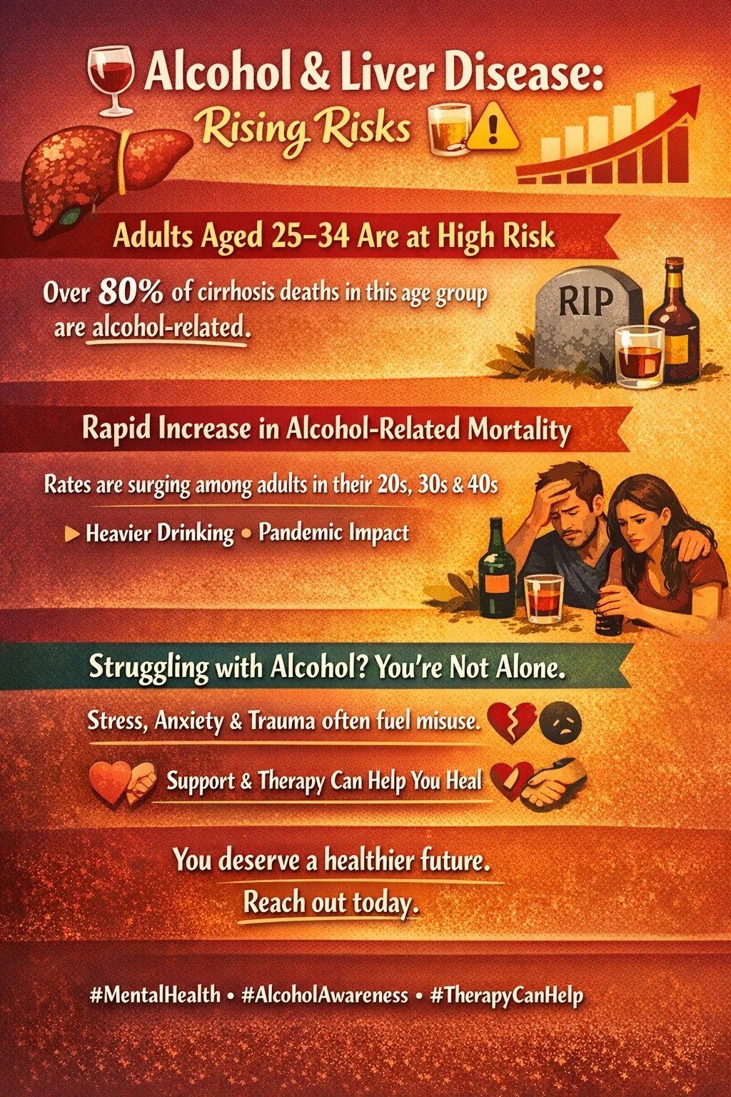 📊 Alcohol &amp; Health: What You Should Know 🍷🧠

Recent data show that alcohol-related liver disease &mdash; especially cirrhosis &mdash; is deeply affecting adults in the prime of life. In the U.S., although older adults (like those in the 45&nda