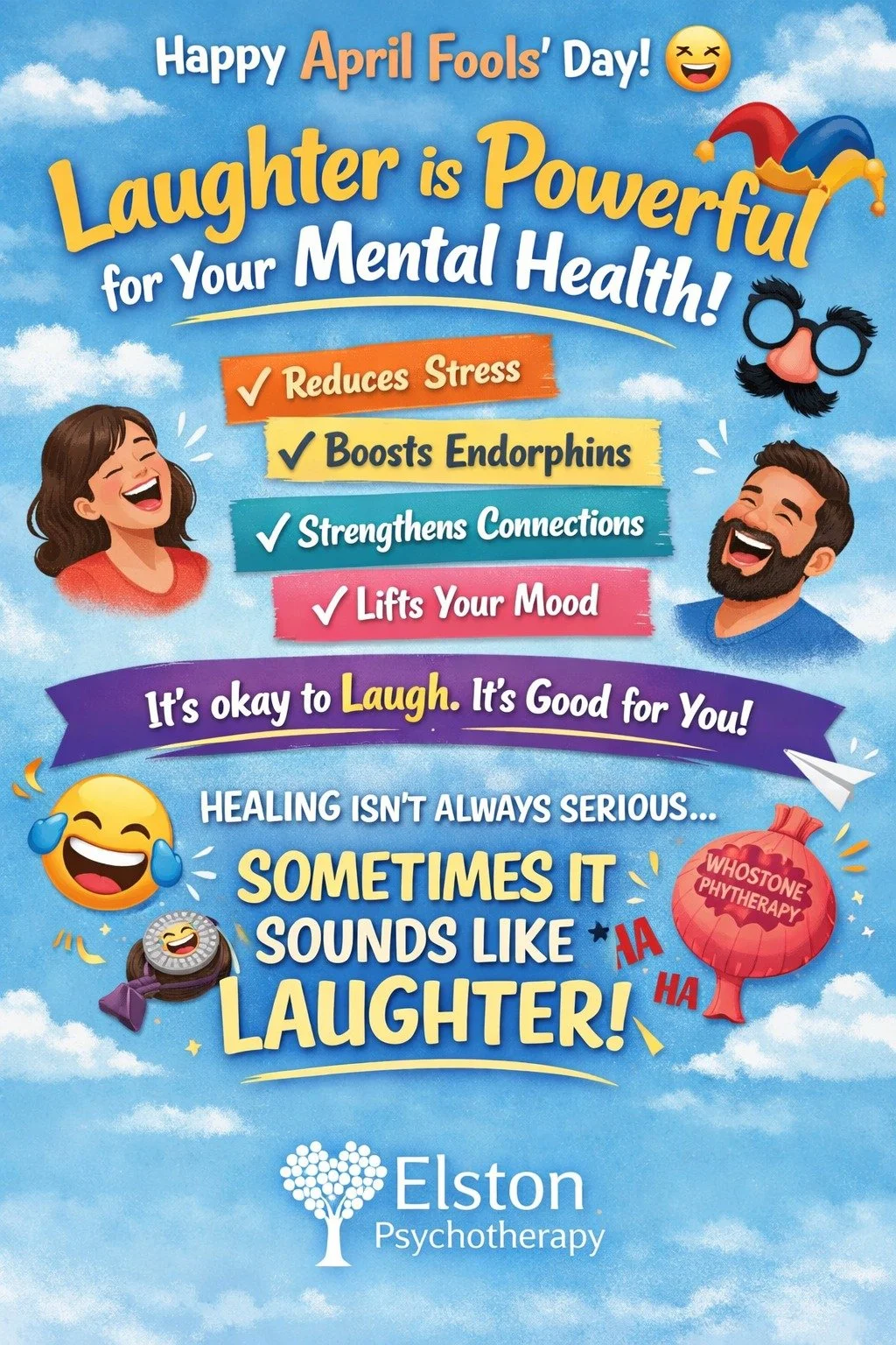 🤪 April Fools&rsquo; Day Reminder from Elston Psychotherapy 🤍

Today is full of pranks, surprises, and (hopefully) harmless fun &mdash; but it&rsquo;s also a great reminder of something we don&rsquo;t talk about enough:

✨ Laughter is powerful for 