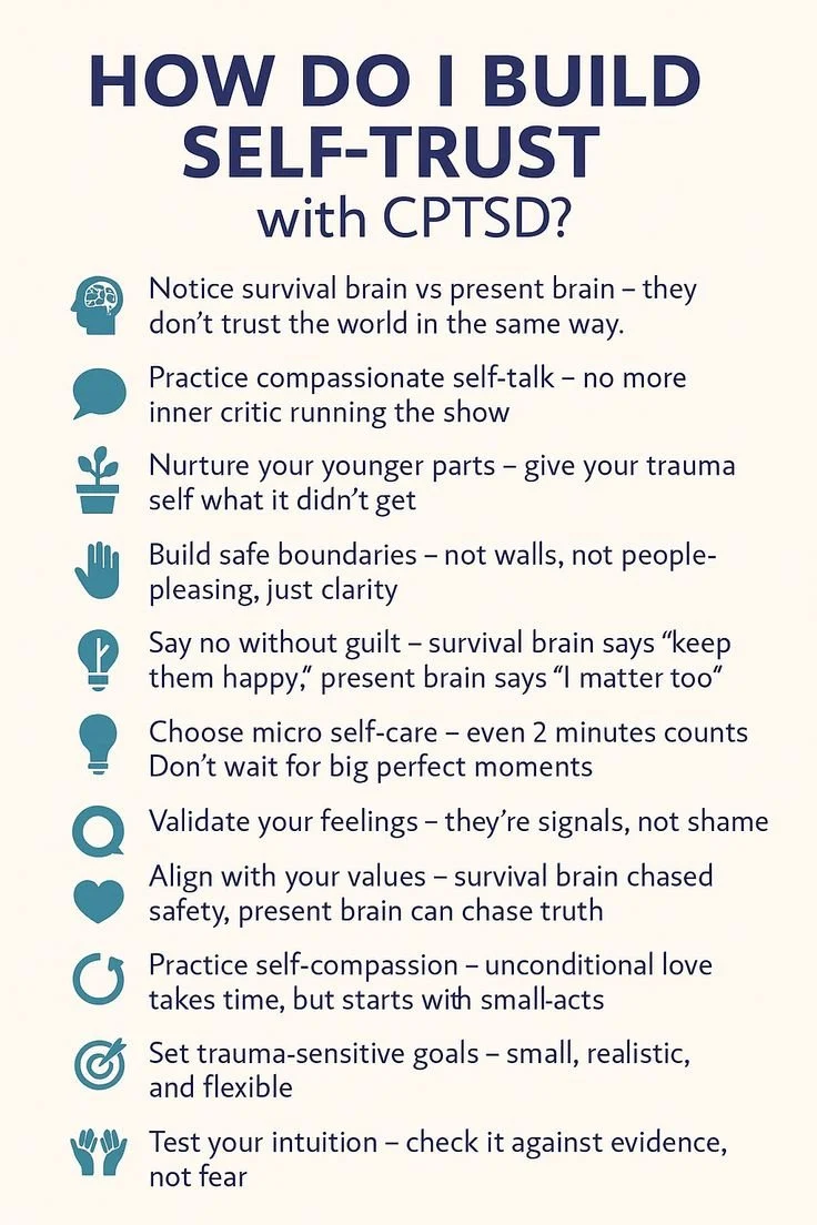 How do you build self-trust after trauma? 🤍

When you&rsquo;re living with CPTSD, self-trust isn&rsquo;t something that just &ldquo;comes naturally&rdquo;&mdash;it&rsquo;s something you gently rebuild, step by step.

Here are a few powerful ways to 