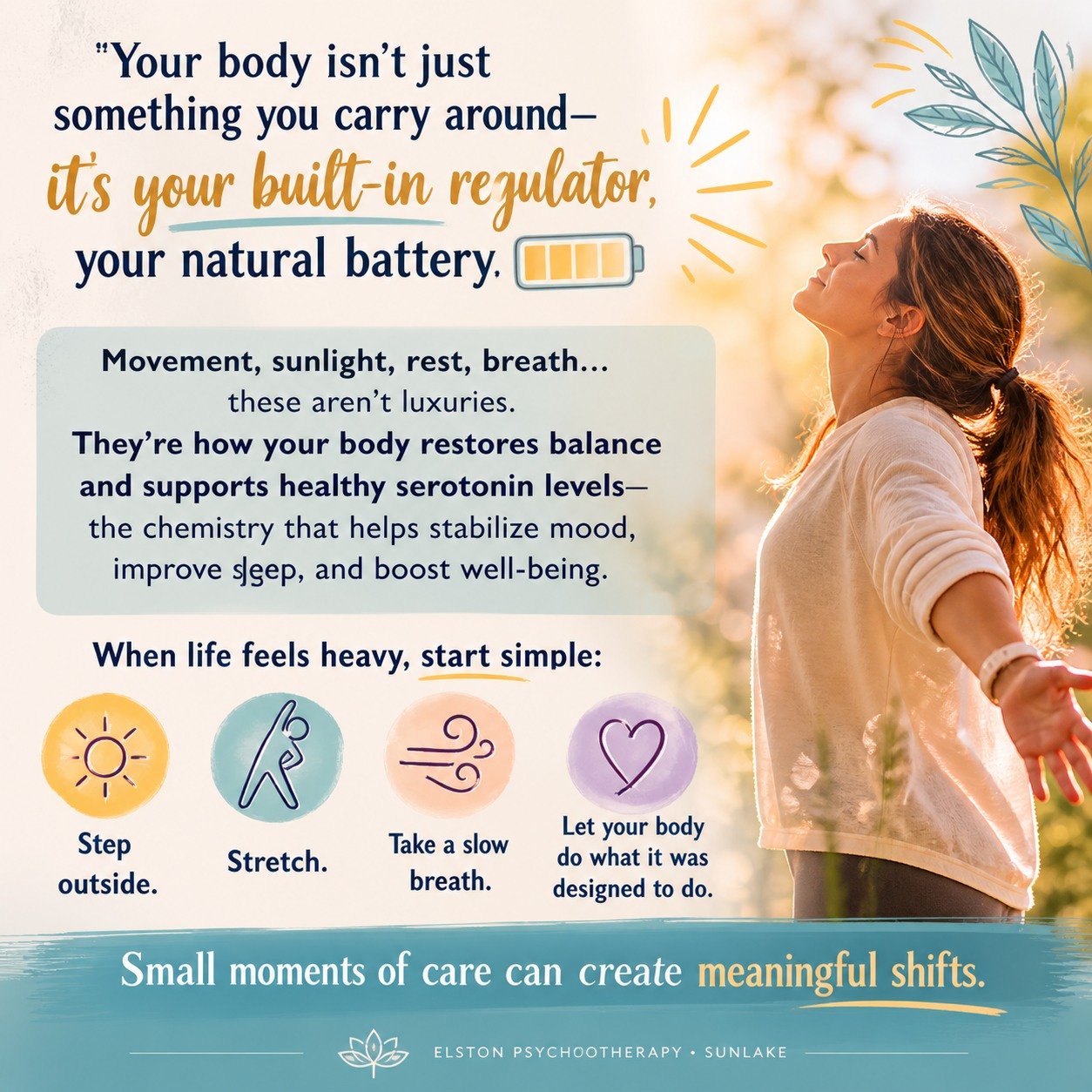 Your body isn&rsquo;t just something you carry around&mdash;it&rsquo;s your built-in regulator, your natural battery 🔋

Movement, sunlight, rest, breath&hellip; these aren&rsquo;t luxuries. They&rsquo;re how your body restores balance and supports h