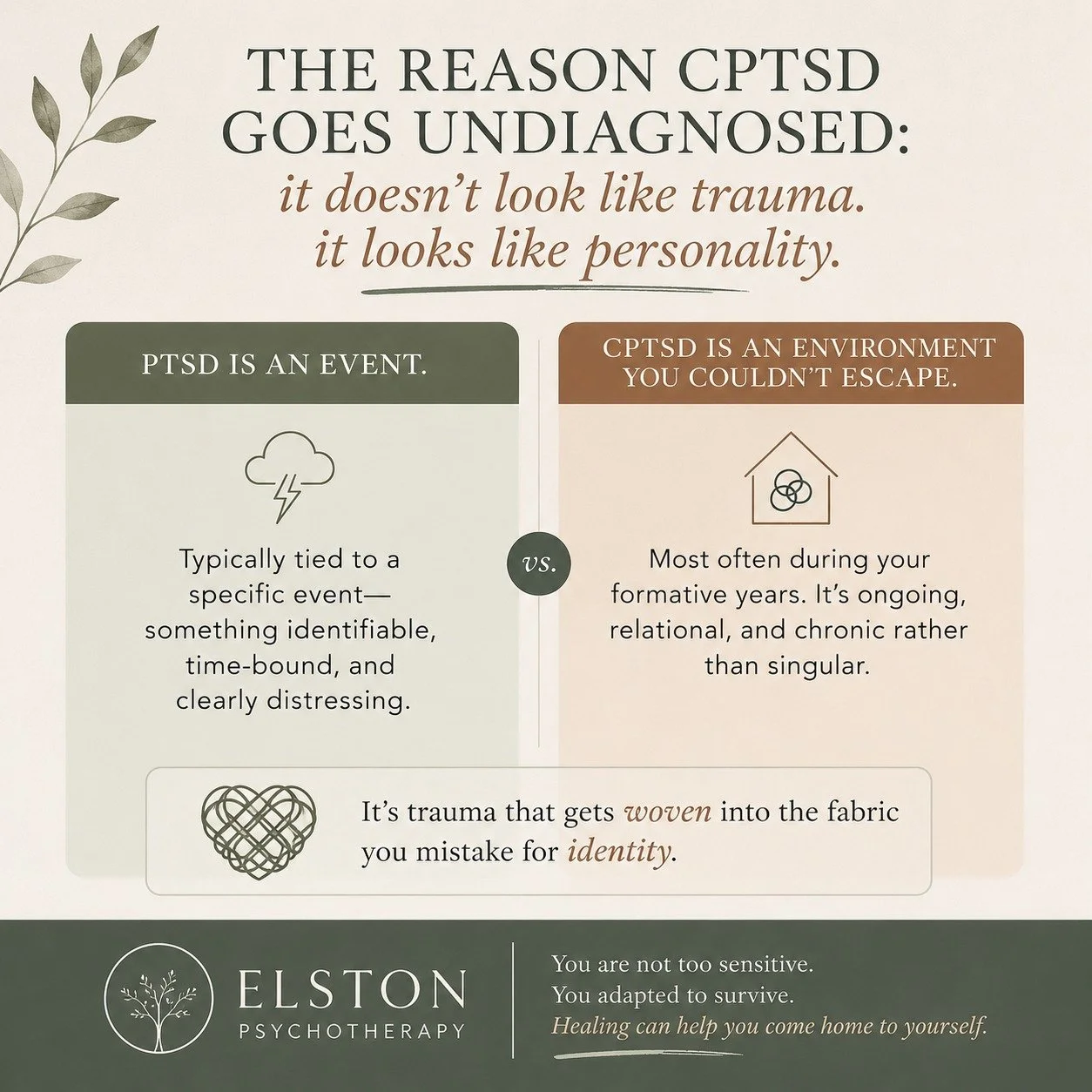 At Elston Psychotherapy, one of the most overlooked realities in mental health is this:
Complex PTSD (CPTSD) often goes undiagnosed because it doesn&rsquo;t look like trauma. It can look like personality.
PTSD is typically tied to a specific event&md