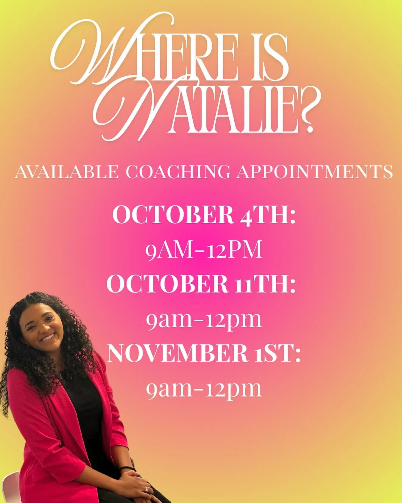 Where&rsquo;s Natalie? ☀️ | Start off your month by booking a coaching session TODAY! Your first call is free. 🎉

These are the times I am available in this upcoming month! Link in bio! ✨

#faithbasedcoach #lifecoach #mompreneur #personalgrowth #min