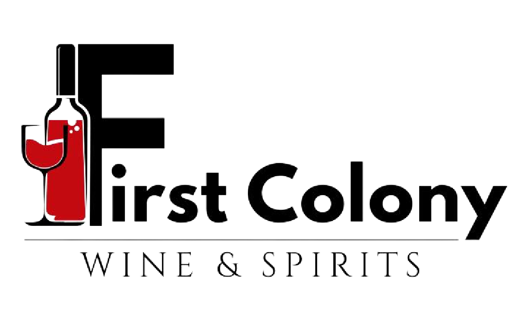 Logo for First Colony Wine & Spirits featuring a stylized wine bottle and glass in red and black.