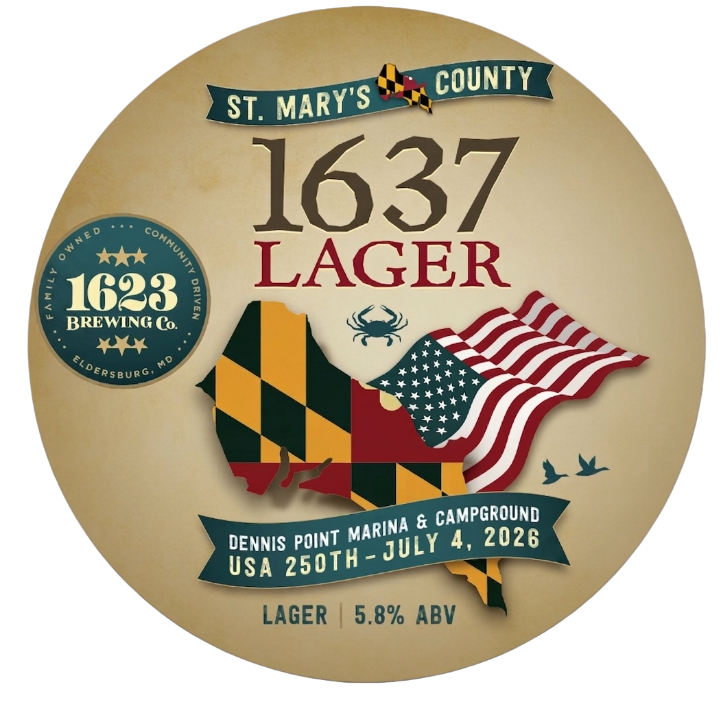 Round beer label for St. Mary's County Lager, brewed by 1623 Brewing Co. in Eldersburg, Maryland. Features a Maryland map with a Maryland flag pattern and an American flag waving, a crab icon, and a banner with event details for Dennis Point Marina & Campground from July 25th to July 4th, 2026, displaying alcohol content of 5.8% ABV.