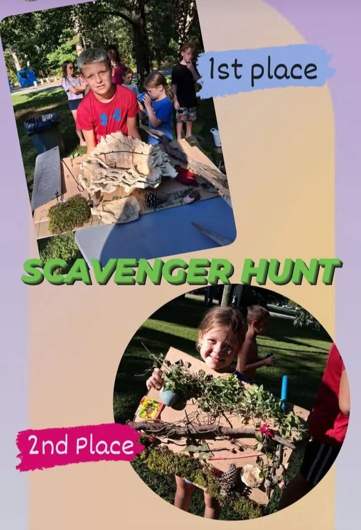 Children participating in a scavenger hunt and showing their decorated boards for awards, with first place and second place labels.