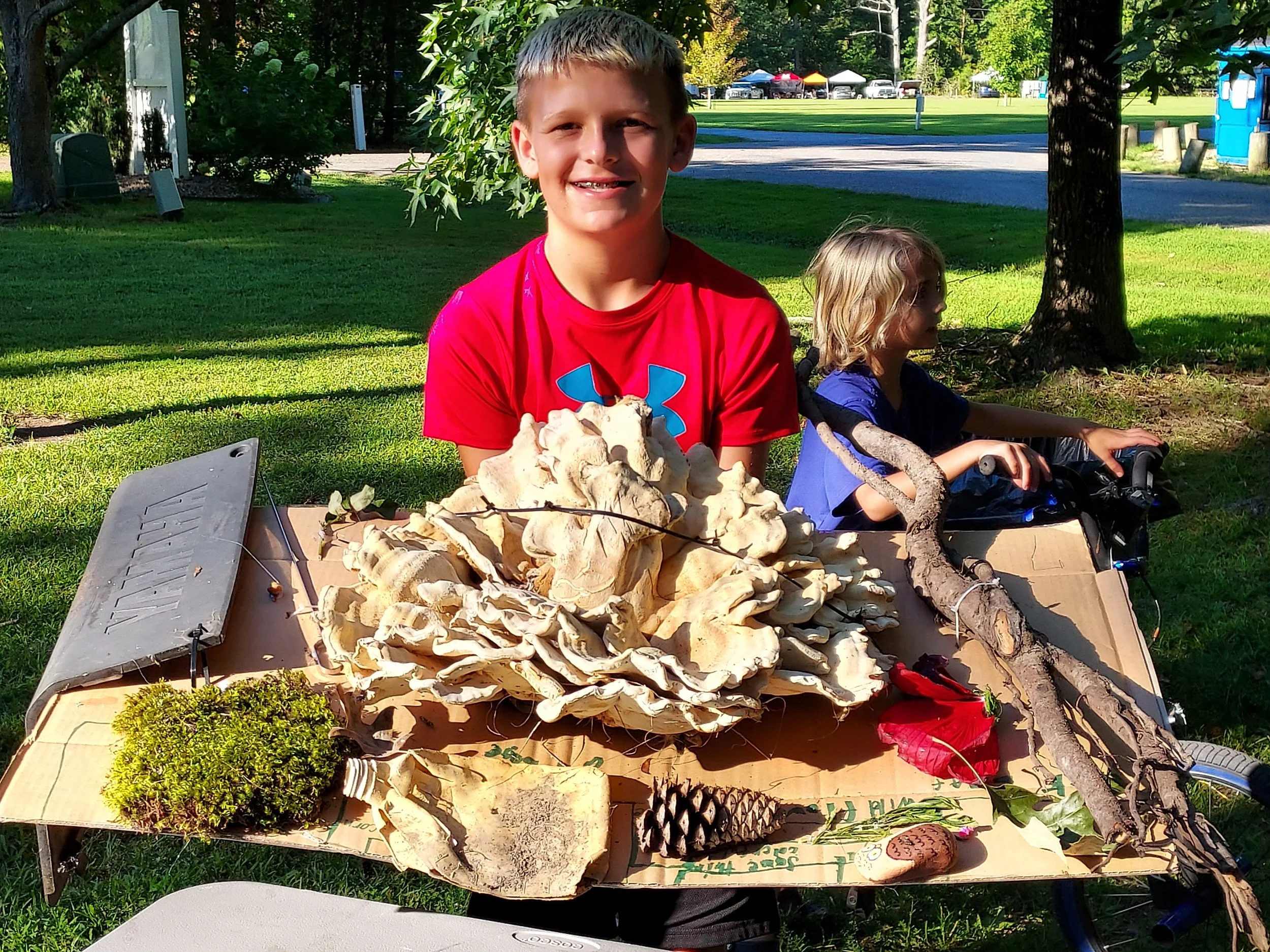 A young boy in a red shirt is smiling and holding a large clam shell on a cardboard display with various plants and shells. There is a younger girl in a blue shirt sitting on a tricycle nearby, in a park setting with grass, trees, and tents in the ba