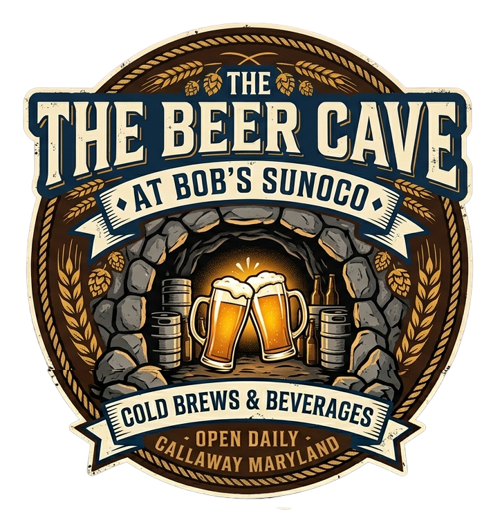 Logo for The Beer Cave at Bob's Sunoco in Gallaway, Maryland, featuring two clinking beer mugs inside a cave entrance, surrounded by barrels and hops, with text about cold brews, daily open hours, and location.