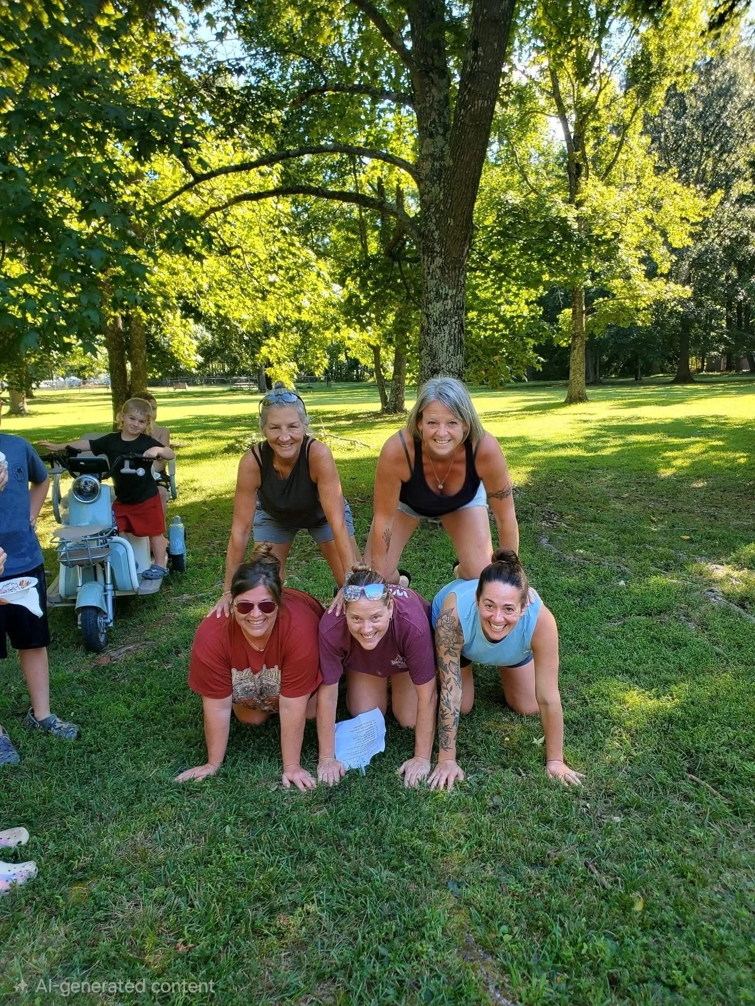 Group of people performing a human pyramid in a park. Four women on the bottom, two women in the middle, one woman at the top, and a child on a bicycle to the left. Surrounded by trees and green grass on a sunny day.