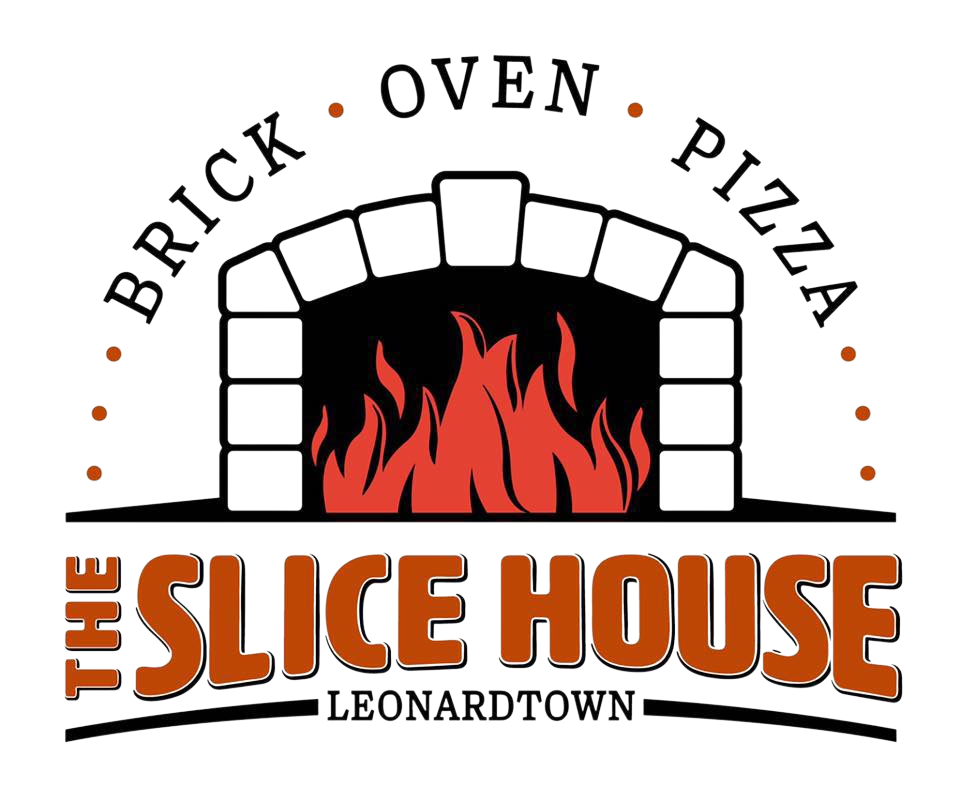 Logo for a restaurant called The Slice House, featuring a stylized fireplace with flames and the restaurant's name in bold letters, located in Leonardtown.