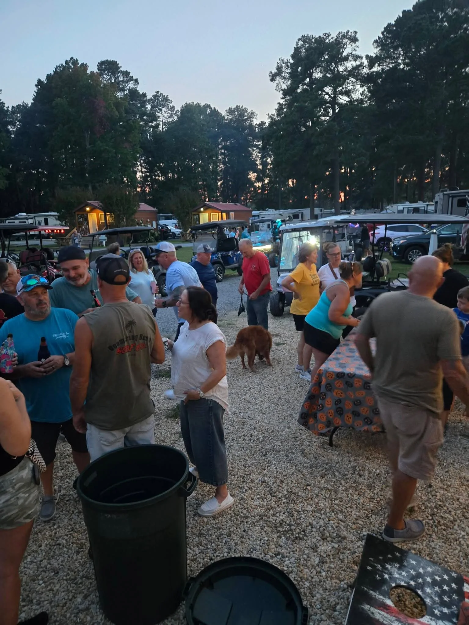 Group of people socializing outdoors in a gravel area with trees in the background during sunset. Some people are holding drinks, and there are several golf carts and parked cars.