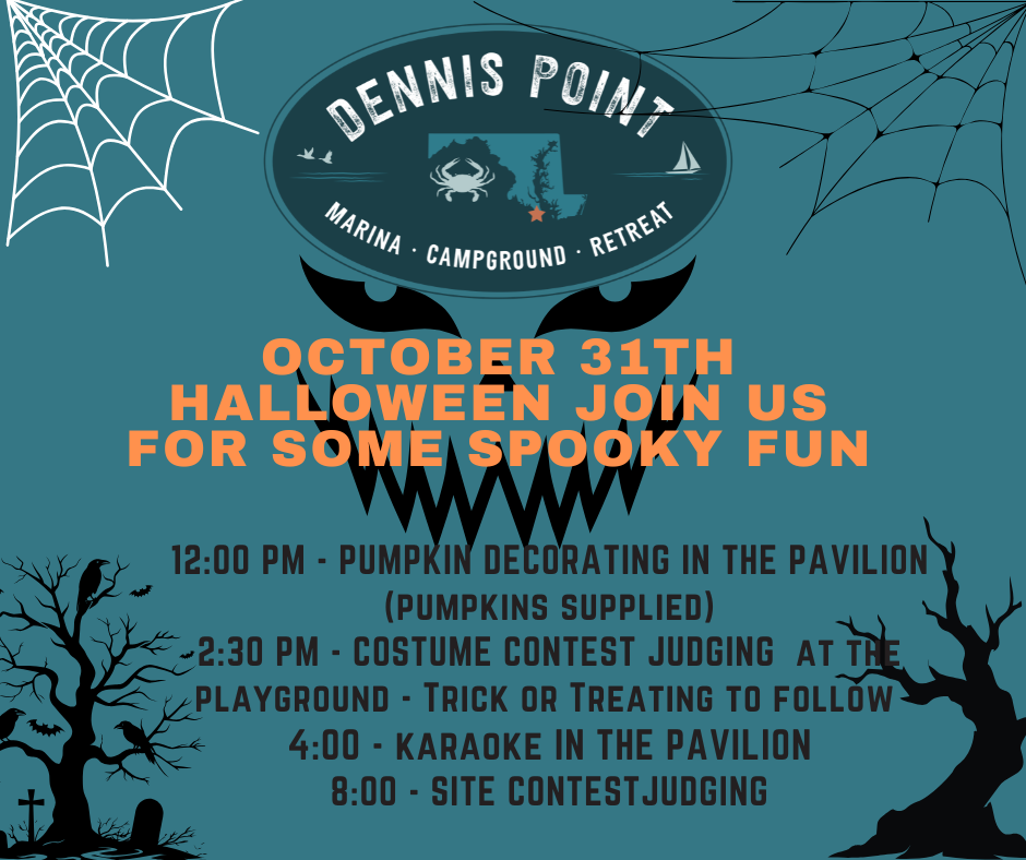 Event flyer for Dennis Point Marina Halloween event on October 31st featuring pumpkin decorating, costume contest judging, trick-or-treating, karaoke, and site contest judging with Halloween-themed graphics and spider webs.